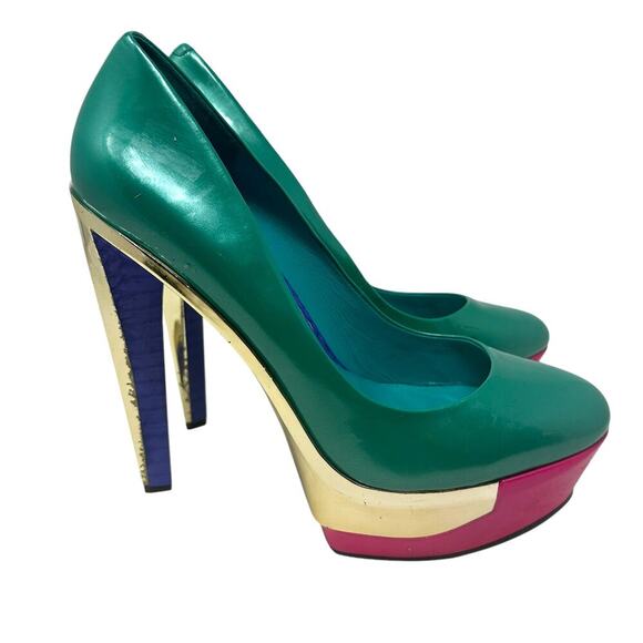 B Brian Atwood Leonida Turquoise Multi Platform Metal Gold Pump Heel Size US 10 - Picture 5 of 12
